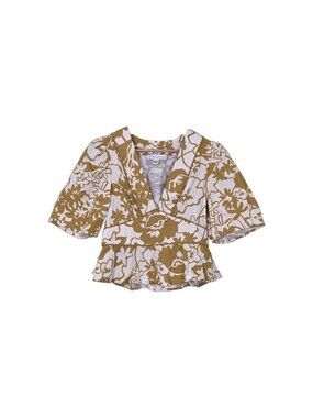 Band of the Free Deep V Neck Peplum Top M Floral Puff Sleeve Mustard Cream Boho